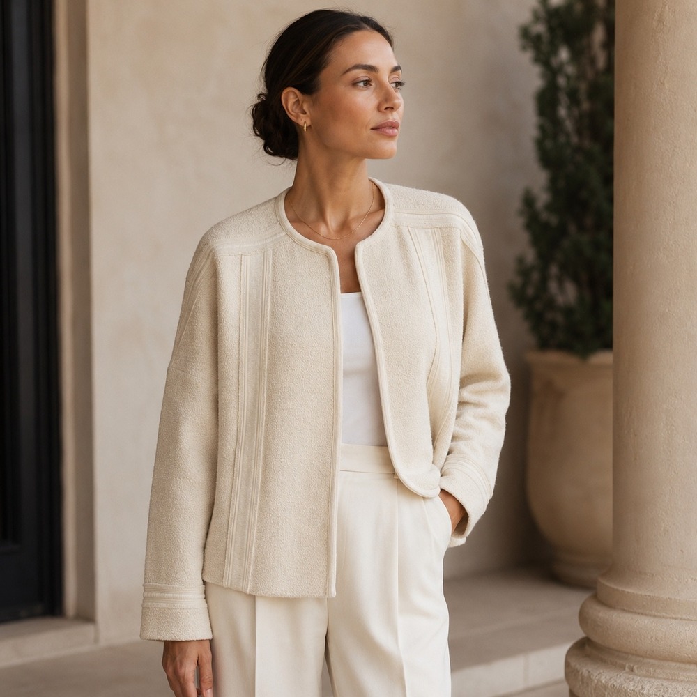 Vince Boucle Jacket Womens 8 Cream Ribbon Trim Open Front V3381-90842